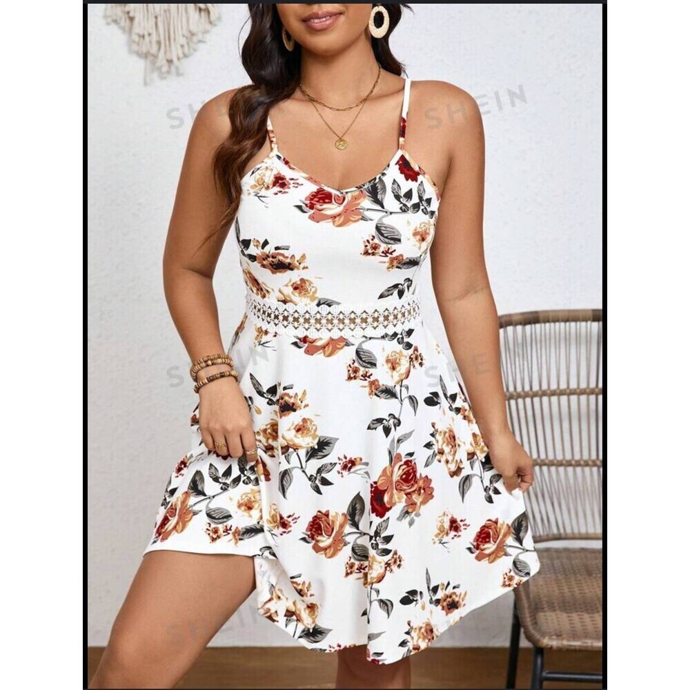 Privy Floral Print Guipure Lace Insert Cami Dress fit & flare Cutout Lace Trim M